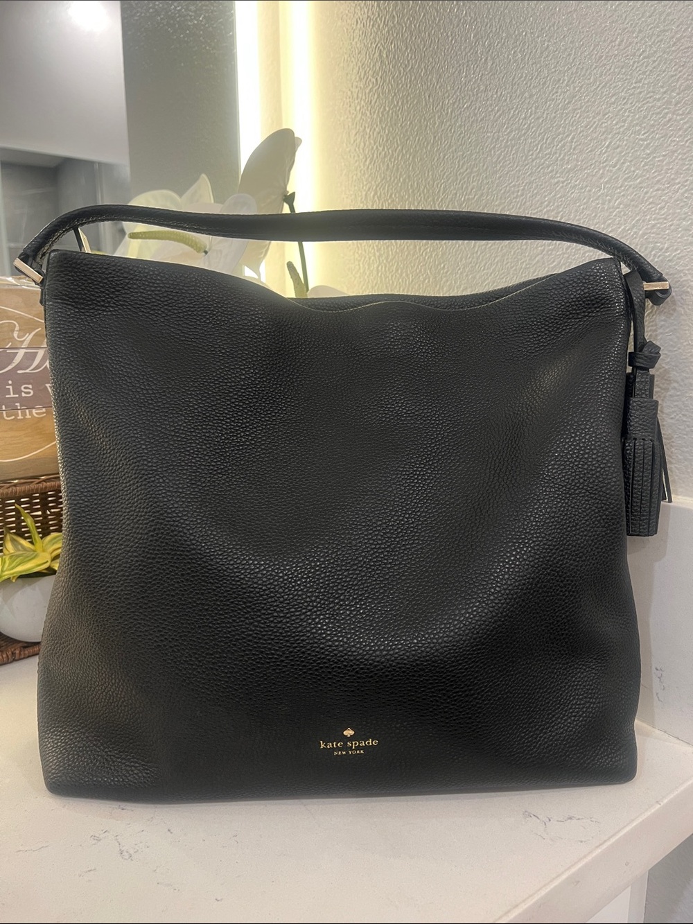 kate spade Black Pebbled Leather Hobo Shoulder Bag with Tassel